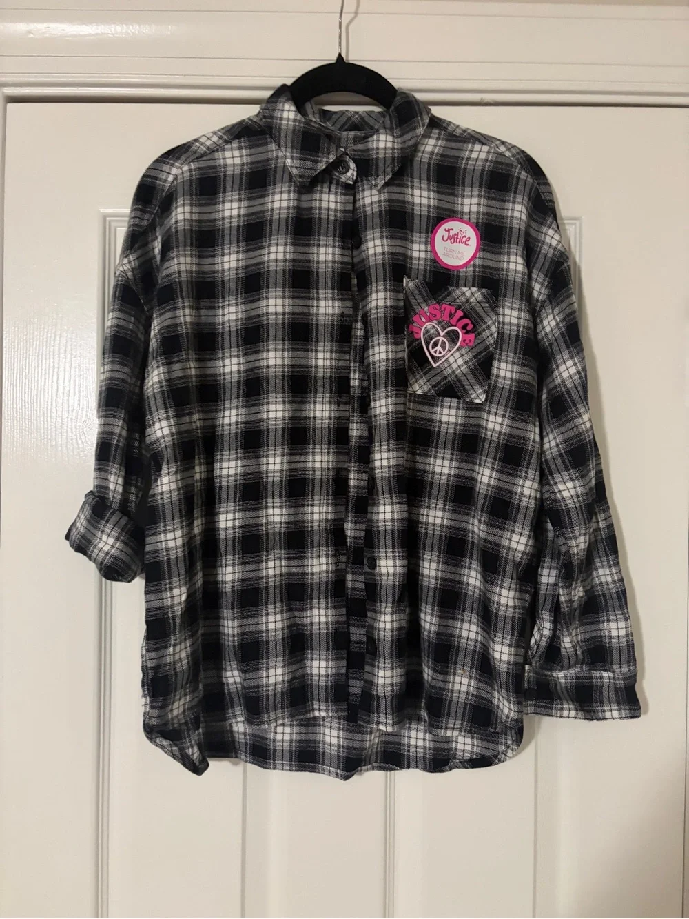 Justice Black & White Plaid Button-Down Shirt with Pink Logo Patches